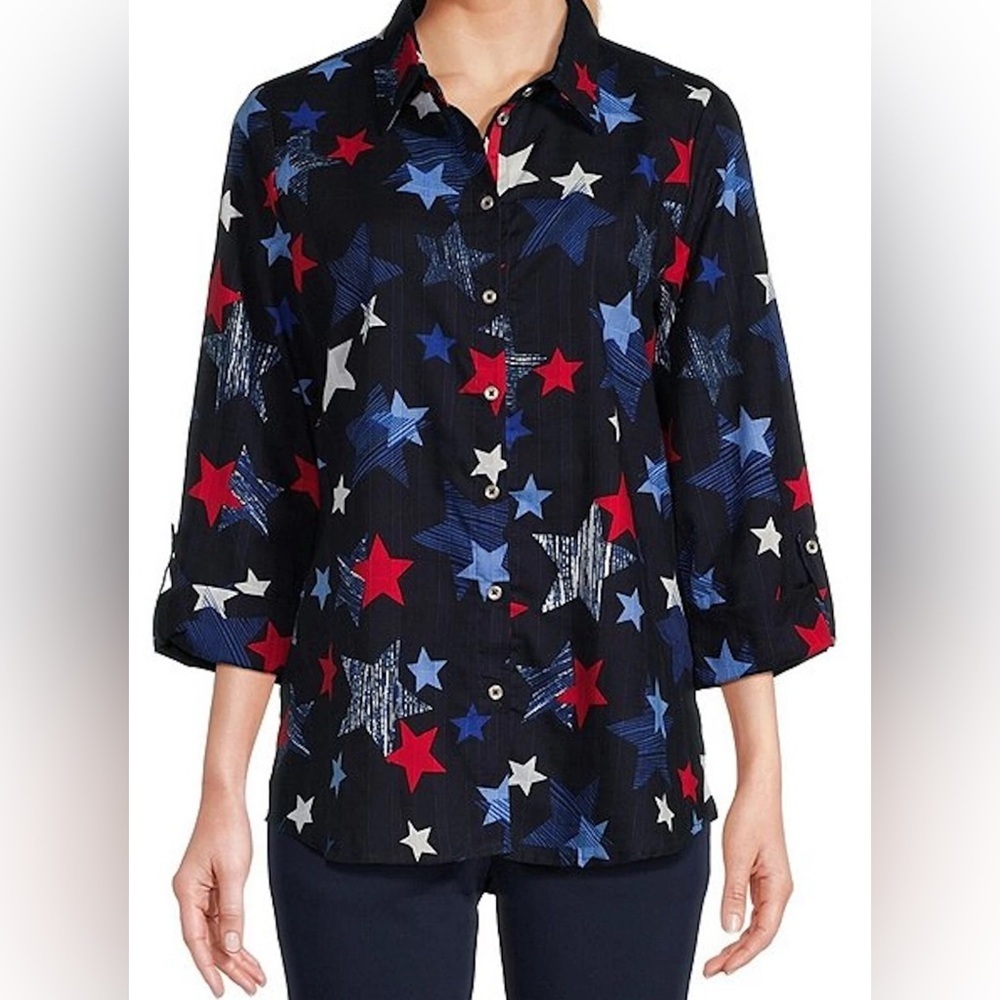 NEW Petite PXL Allison Daley Star Print 3/4 Sleeve Button Front Blouse $59